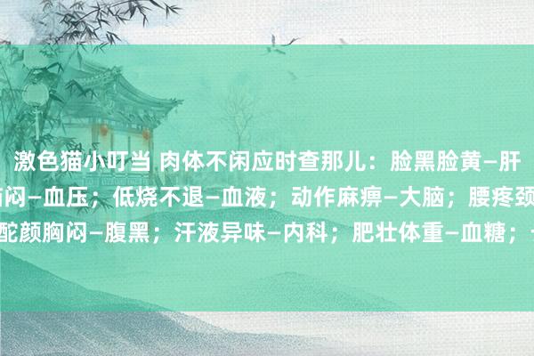 激色猫小叮当 肉体不闲应时查那儿：脸黑脸黄—肝；浮肿水肿—肾；头昏脑闷—血压；低烧不退—血液；动作麻痹—大脑；腰疼颈疼—全身；酡颜胸闷—腹黑；汗液异味—内科；肥壮体重—血糖；长痘浓重—内分泌；高烧不退—白细胞。